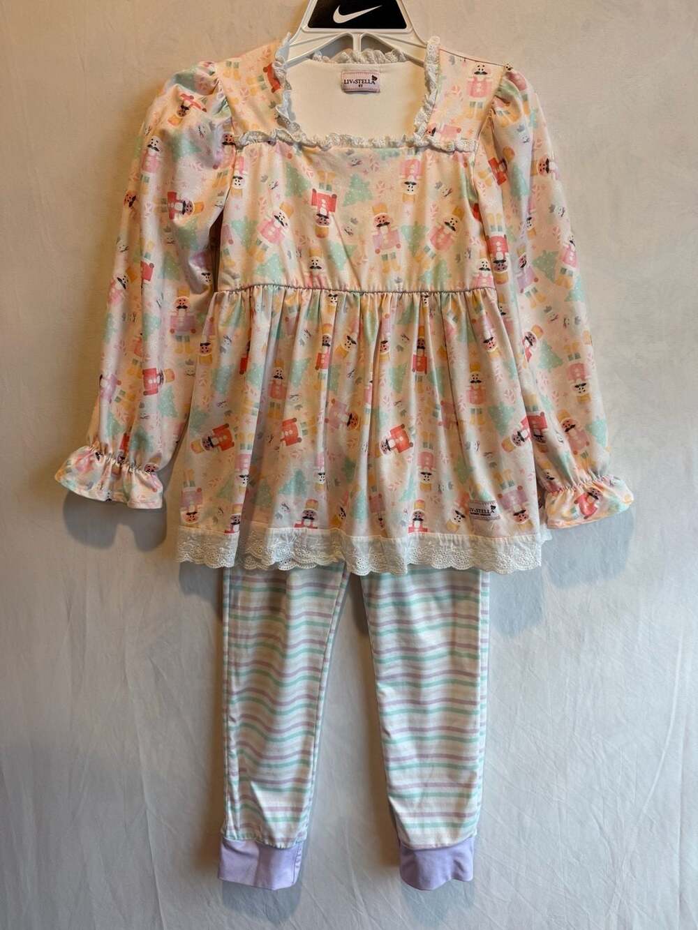 Liv + Stella Girls Nutcracker Pattern Ruffle Tunic and Striped Legging Set